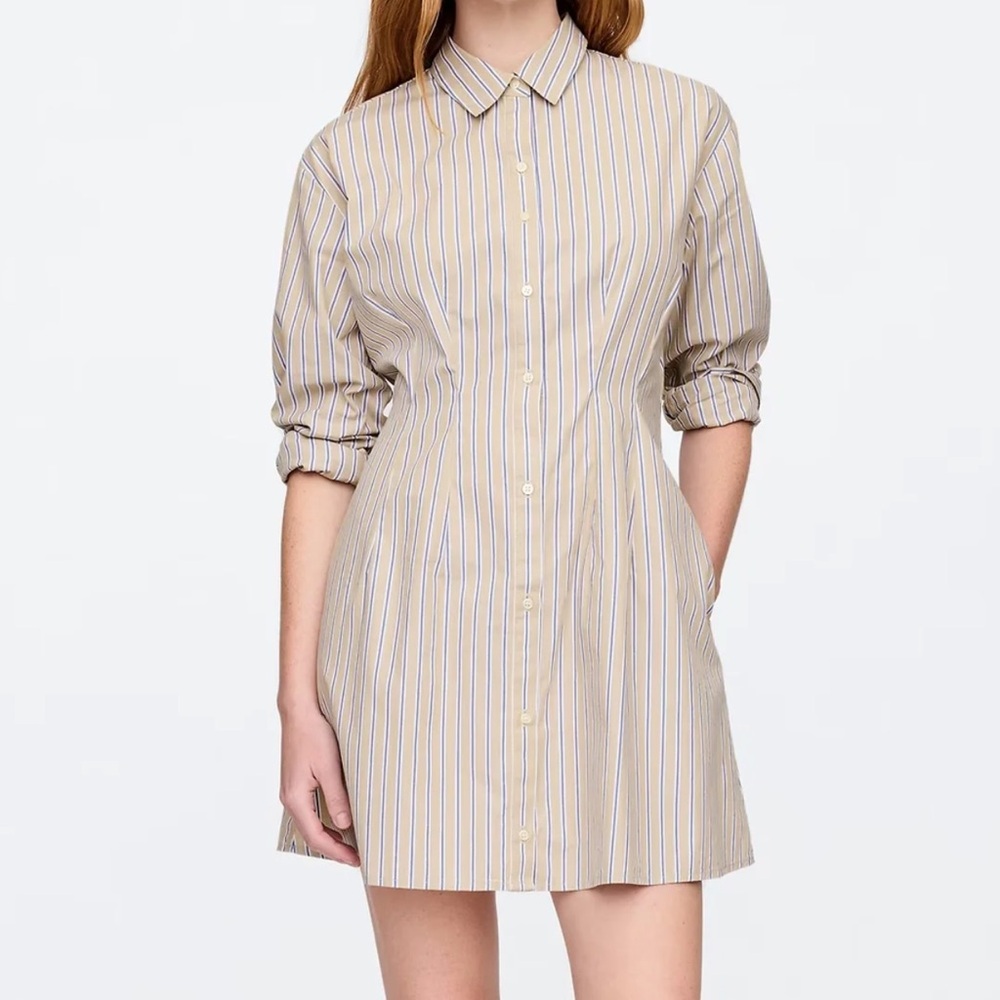 GAP Beige and Blue Striped Long Sleeve Dress NWT